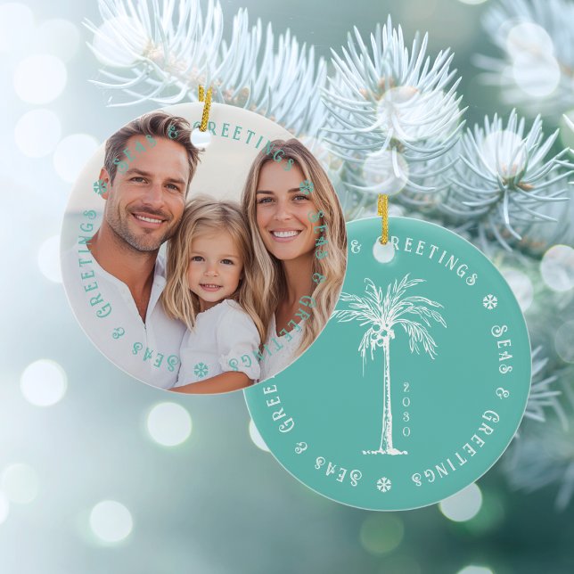 Décoration En Céramique Tropical Palm Seas & Greetings Christmas Photo (Tropical Palm Seas & Greetings Christmas Photo Ceramic Ornament)