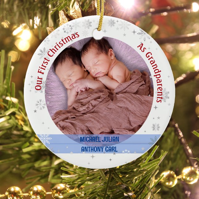 Décoration En Céramique Twins Baby Boys 1st Xmas As Grand-Parents 2 Photos (Our First Christmas as Greatparents of Twin Boys. Snowflakes and Stars. Cute Swaddled Babies)
