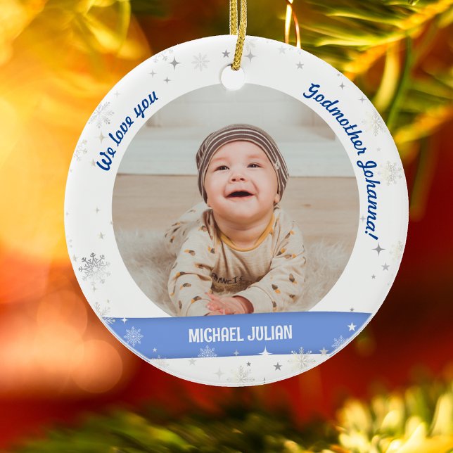Décoration En Céramique Twins Boys Photos Godmère Premier Noël Bébé (Modern, Cute, Elegant We love you, Godmother! First Christmas Twin Baby Boys. 2 Photos. Snowflakes)