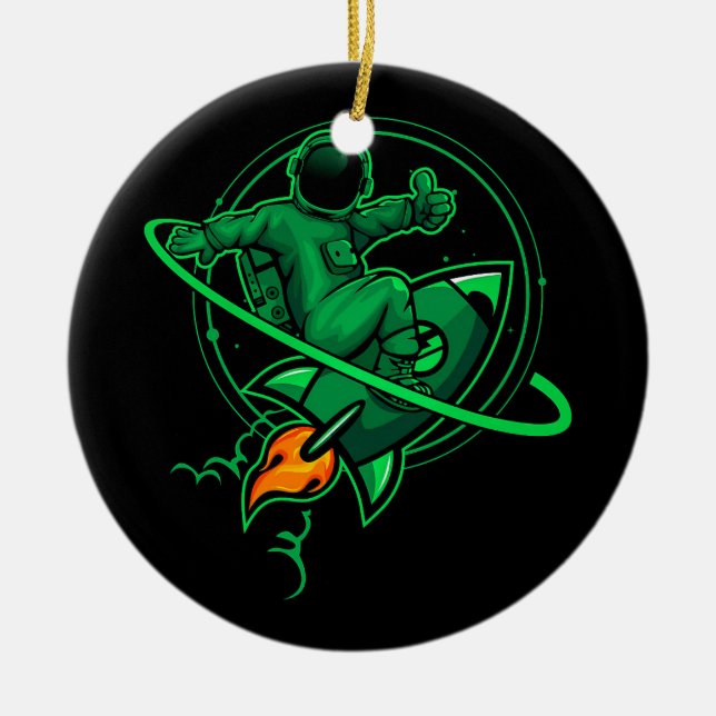 Décoration En Céramique Un Astronaute Sur Une Fusée Autour De Saturn Artwo (Devant)