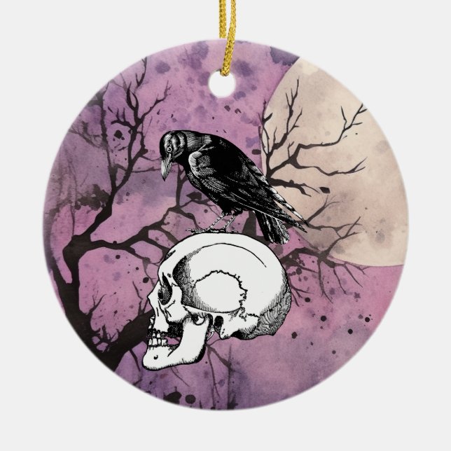 Décoration En Céramique Un corbeau ou corbeau et le crâne Halloween Lune v (Devant)