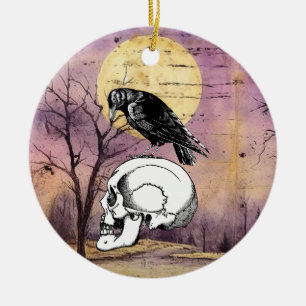 Décoration En Céramique Un corbeau ou corbeau et le crâne Halloween Lune v