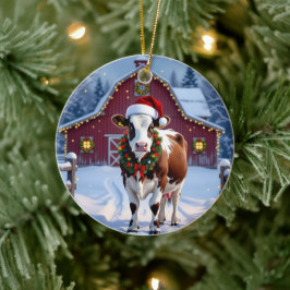 Décoration En Céramique Une vache festive à Santa Hat Pays Noël