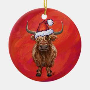 Décoration En Céramique Vache Highland à Santa Hat sur Red