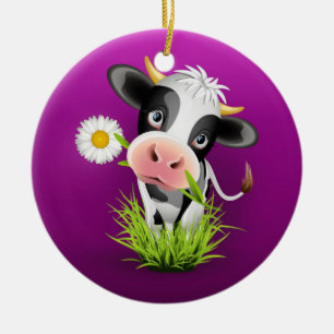 Décoration En Céramique Vache Holstein mûre dans l'herbe sur le violet