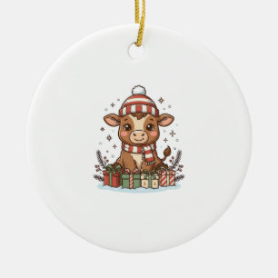 Décoration En Céramique Veau de Noël mignon avec cadeaux Vintage Vector_1