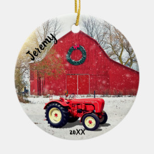 Décoration En Céramique Vieux Tracteur rouge Noël 