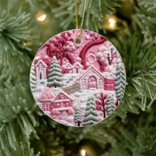 Décoration En Céramique Village de Noël rose