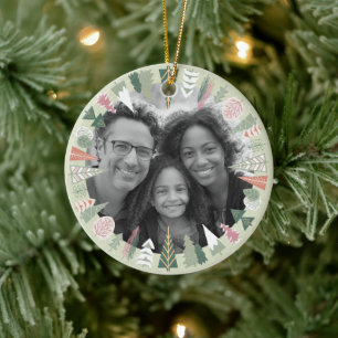 Décoration En Céramique Vintage Chic Arbre de Noël Photo Vert rose rond