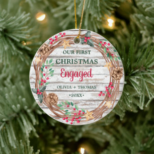 Décoration En Céramique Vintage Notre premier Noël Engager Wreath en bois