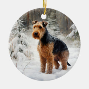 Décoration En Céramique Welsh Terrier Laisser Neige Noël