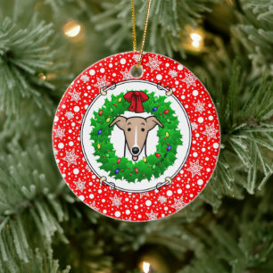 Décoration En Céramique Whippet Wreath & Lights de Noël - Faune et blanc