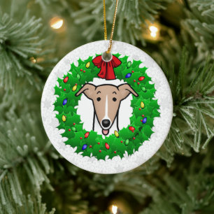 Décoration En Céramique Whippet Wreath & Lights de Noël - Faune et blanc