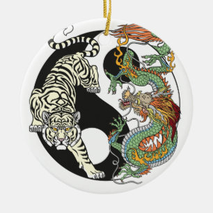 Décoration En Céramique White tiger versus green dragon in the yin yang