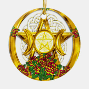 Décoration En Céramique Wiccan Pagan Pentacle Gold avec Roses