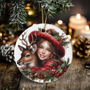 Décoration En Céramique Winter Solstice Holly Girl & Deer Holiday Forest