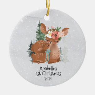 Décoration En Céramique Winter Woodland Deer Mama Baby 1er Noël