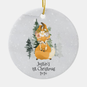 Décoration En Céramique Winter Woodland Fox Mama Baby 1er Noël