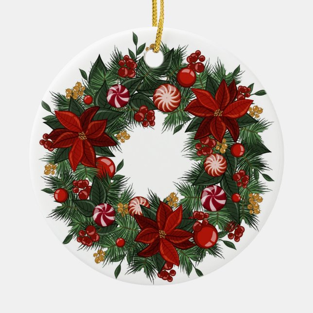 Décoration En Céramique Wreath de Noël (A digital art illustration of a Christmas ornament, featuring a wreath design.)