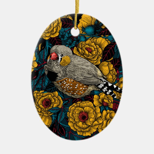 Décoration En Céramique Zebra finch et buisson rose (Devant)