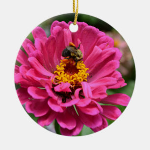 Décoration En Céramique Zinnia rose et bourdon