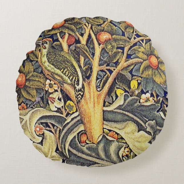 Decorative Art Blue Green Bird Tree Foliage Blume Rundes Kissen (Vorderseite)