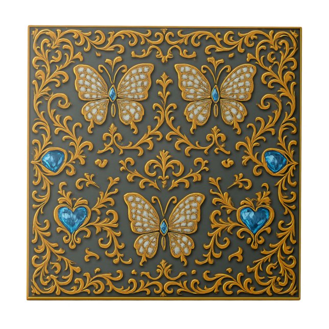 Decorative Butterfly Design in Gold and Blue  Fliese (Vorderseite)