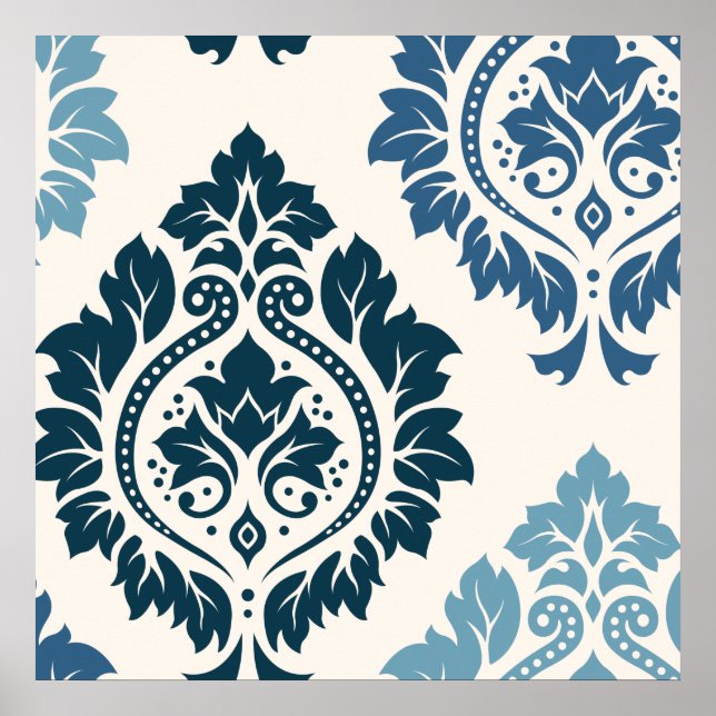 Decorative Damask Art. I Blues über Creme Poster (Vorne)