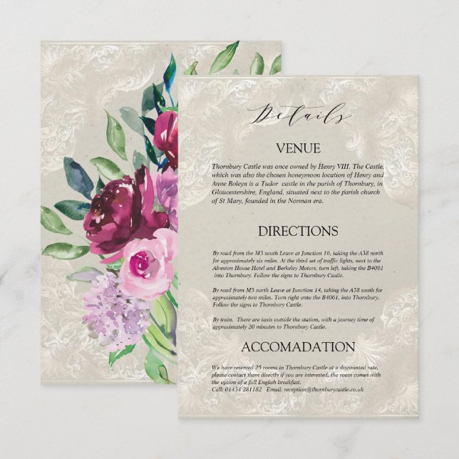 Decorative Dove Gray, Wine & rosa Rosen Hochzeit Begleitkarte (Vorne/Hinten)