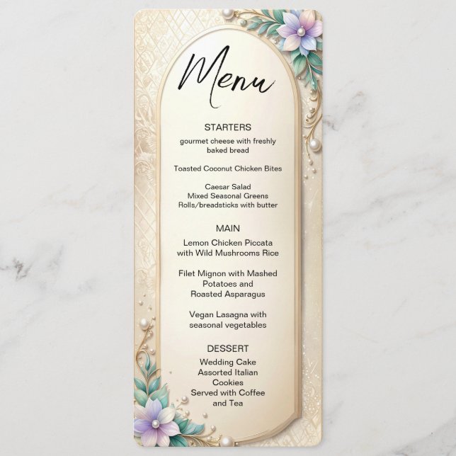 Decorative Floral Frame with Pearls Menu Menükarte (Vorderseite)