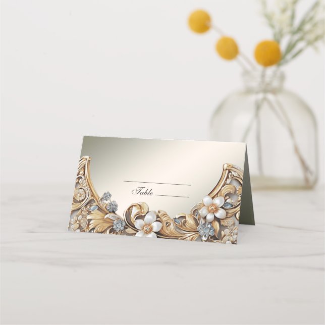 Decorative Gold White Floral Platzkarte (Vorderseite)