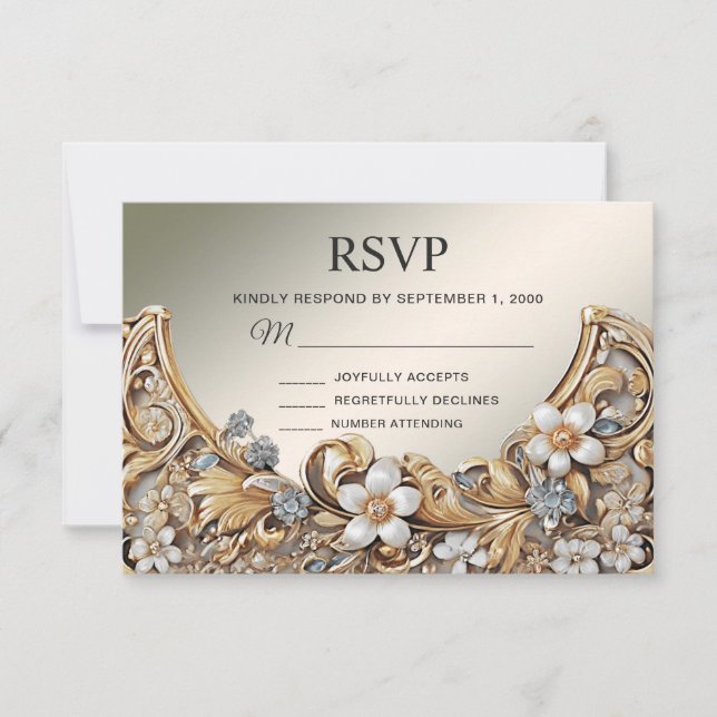 Decorative Gold White Floral RSVP Card Karte (Vorderseite)