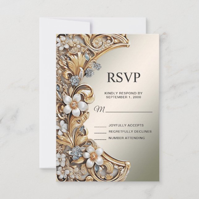 Decorative Gold White Floral RSVP Card Karte (Vorderseite)