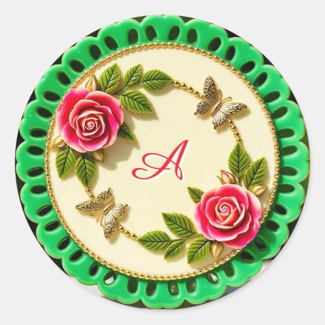Decorative Green Rim Plate With Pink Rose Runder Aufkleber (Vorderseite)