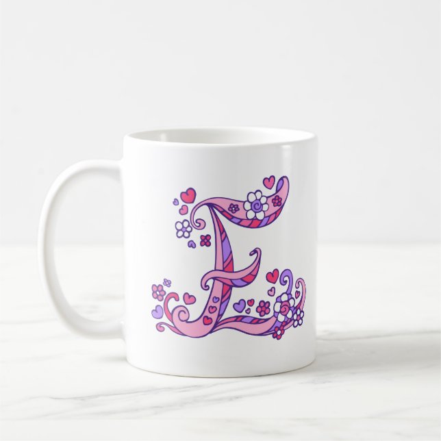 Decorative Monogram E herzen & Blume rosa lila Kaffeetasse (Links)