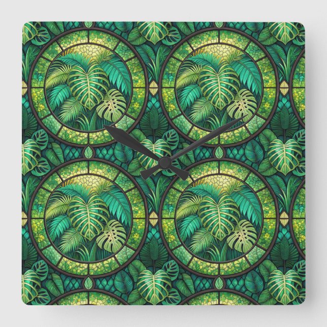 Decorative panel with a lush green tropical  quadratische wanduhr (Vorderseite)