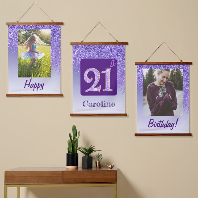 Decorative Purple Glitter 2 Photos 21st Birthday Wandteppich Mit Holzrahmen (Asymmetrisch)