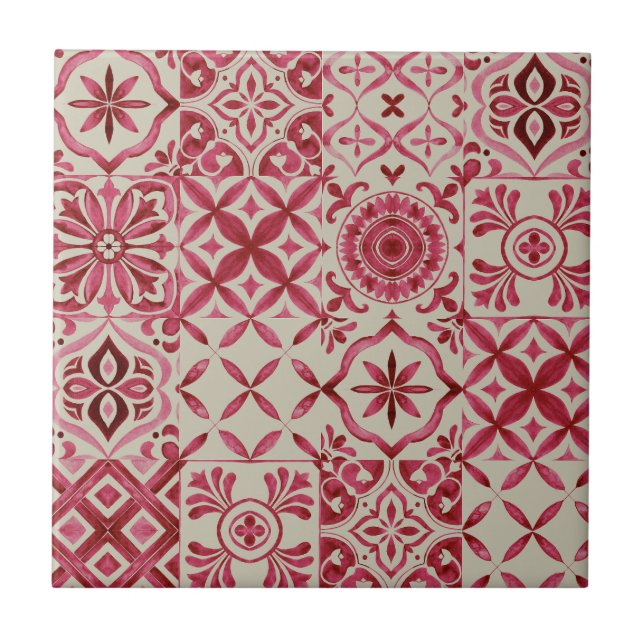 Decorative Red Azulejo Tile Patchwork Pattern Fliese (Vorderseite)