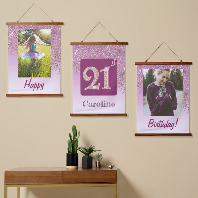 Decorative Rose Gold Glitter, Photos 21st Birthday Wandteppich Mit Holzrahmen (Asymmetrisch)