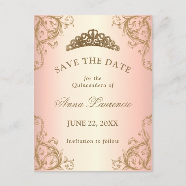 Decorative Rose Gold Quinceanera Save the Date Postkarte (Vorderseite)