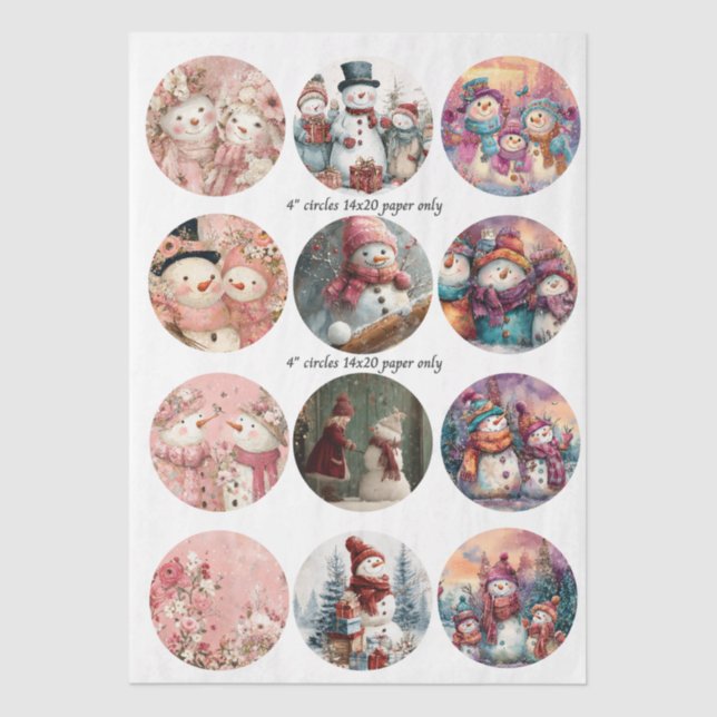 Decoupage 12 Whimsical Snowman 4" Coaster Set  Seidenpapier (Vorderseite)