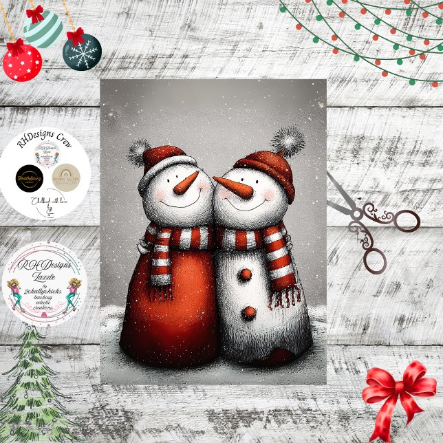 Decoupage 2 Snowmen Red Stripped Scarves Winter Seidenpapier (Von Creator hochgeladen)