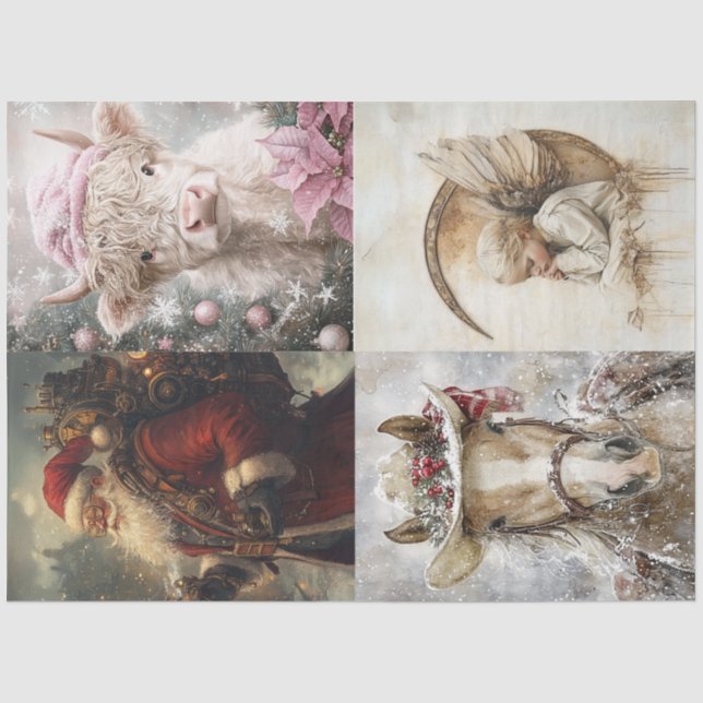 Decoupage 4 Designs Santa Highland Kuh Angel Horse Seidenpapier (Vorderseite)