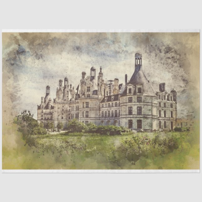 Decoupage Altes französisches Schloss Wasserfarbe Seidenpapier (Vorderseite)