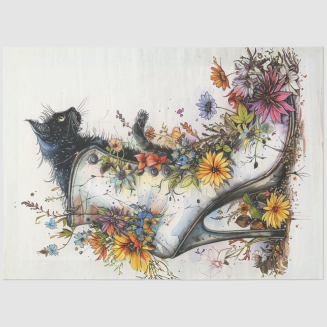 Decoupage Artistic High Heeled Boot Cat Blume Seidenpapier (Vorderseite)