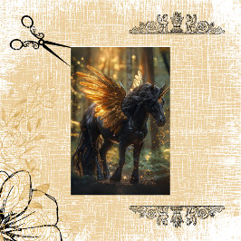Decoupage Black Unicorn Golden Wings Forest Seidenpapier
