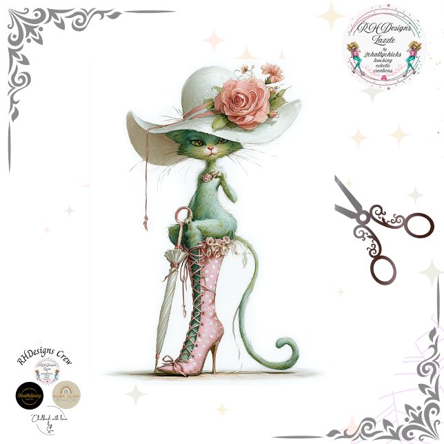 Decoupage Catwalk Green Cat Parasol Polka Dot Boot Seidenpapier (Von Creator hochgeladen)