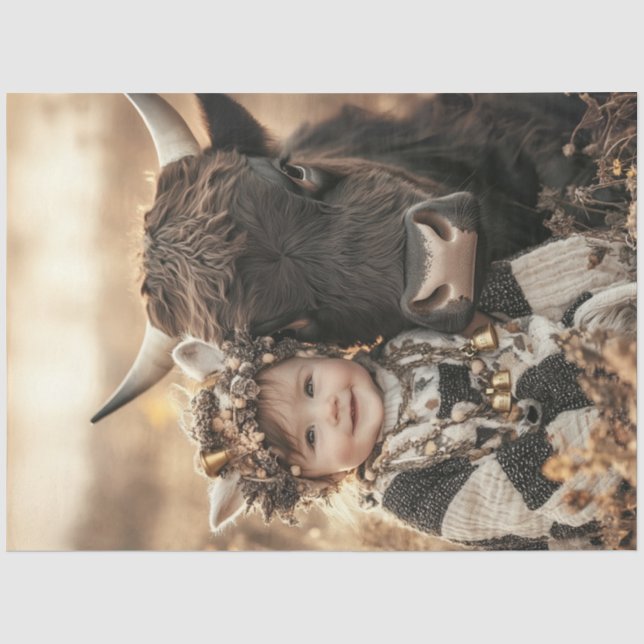 Decoupage Child Highland Cow in Field Seidenpapier (Vorderseite)