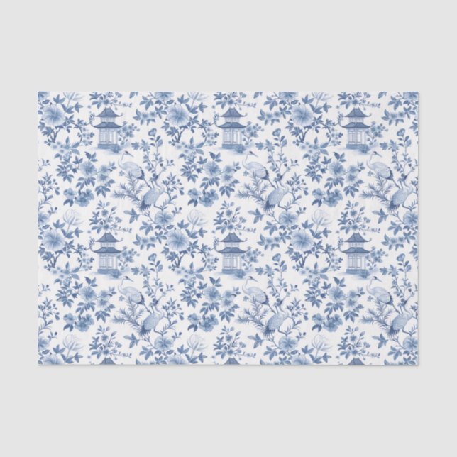 Decoupage Chinoiserie Pagoda Crane Blau Seidenpapier (Vorderseite)