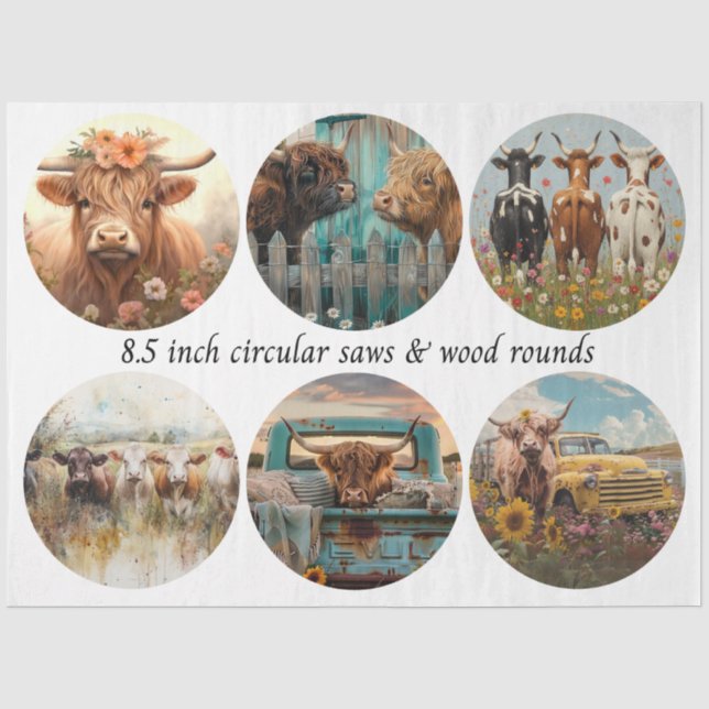 Decoupage Circular Saw Highland Cows 8.5" Rounds Seidenpapier (Vorderseite)